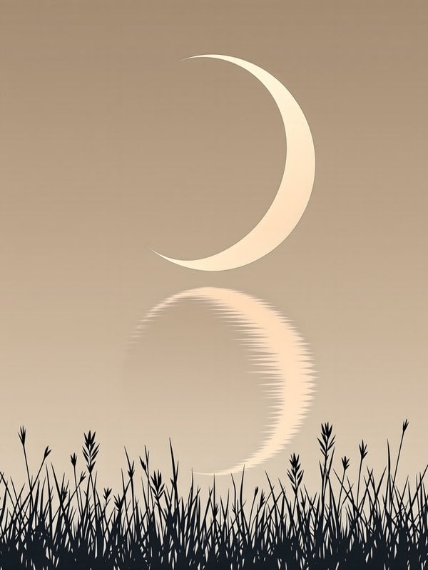 Crescent Moon Reflection over Grass Silhouette