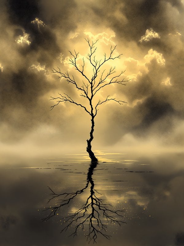 Minimal Tree Silhouette Golden Sky Reflection