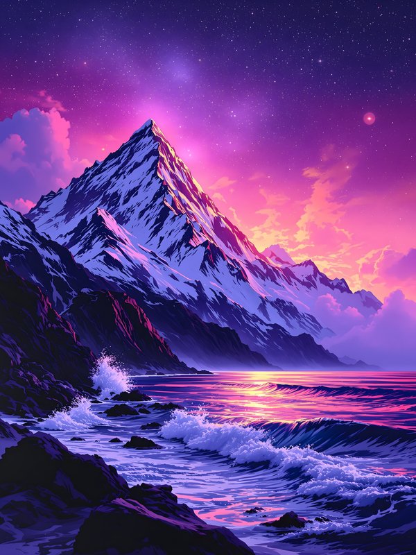 Neon Sunset Mountain Coast with Starry Sky