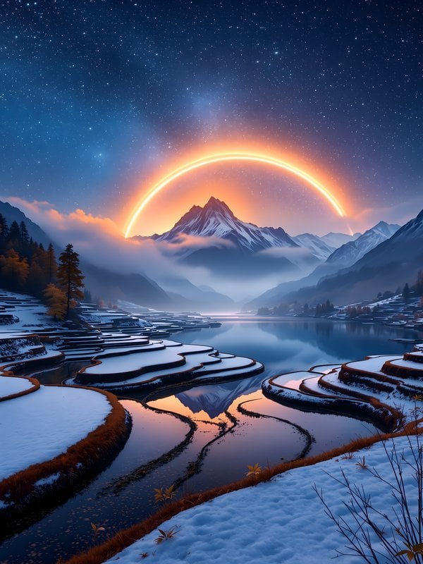 Cosmic Mountain Lake with Terraced Fields