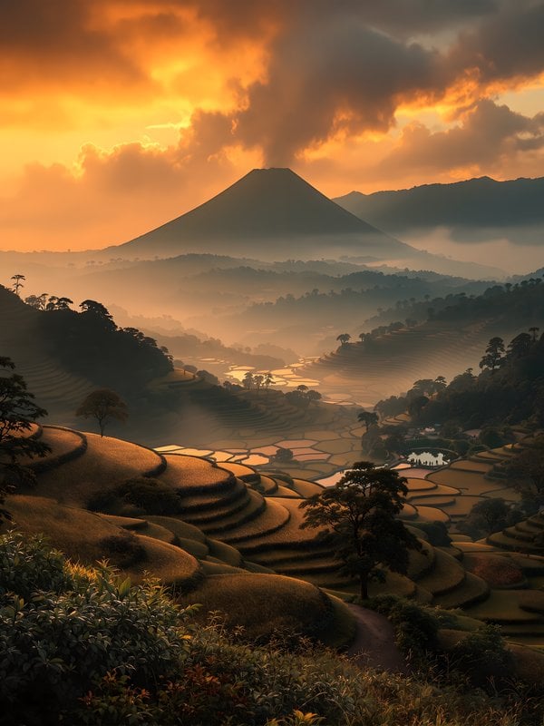 Golden Sunset Rice Terraces & Volcano Landscape