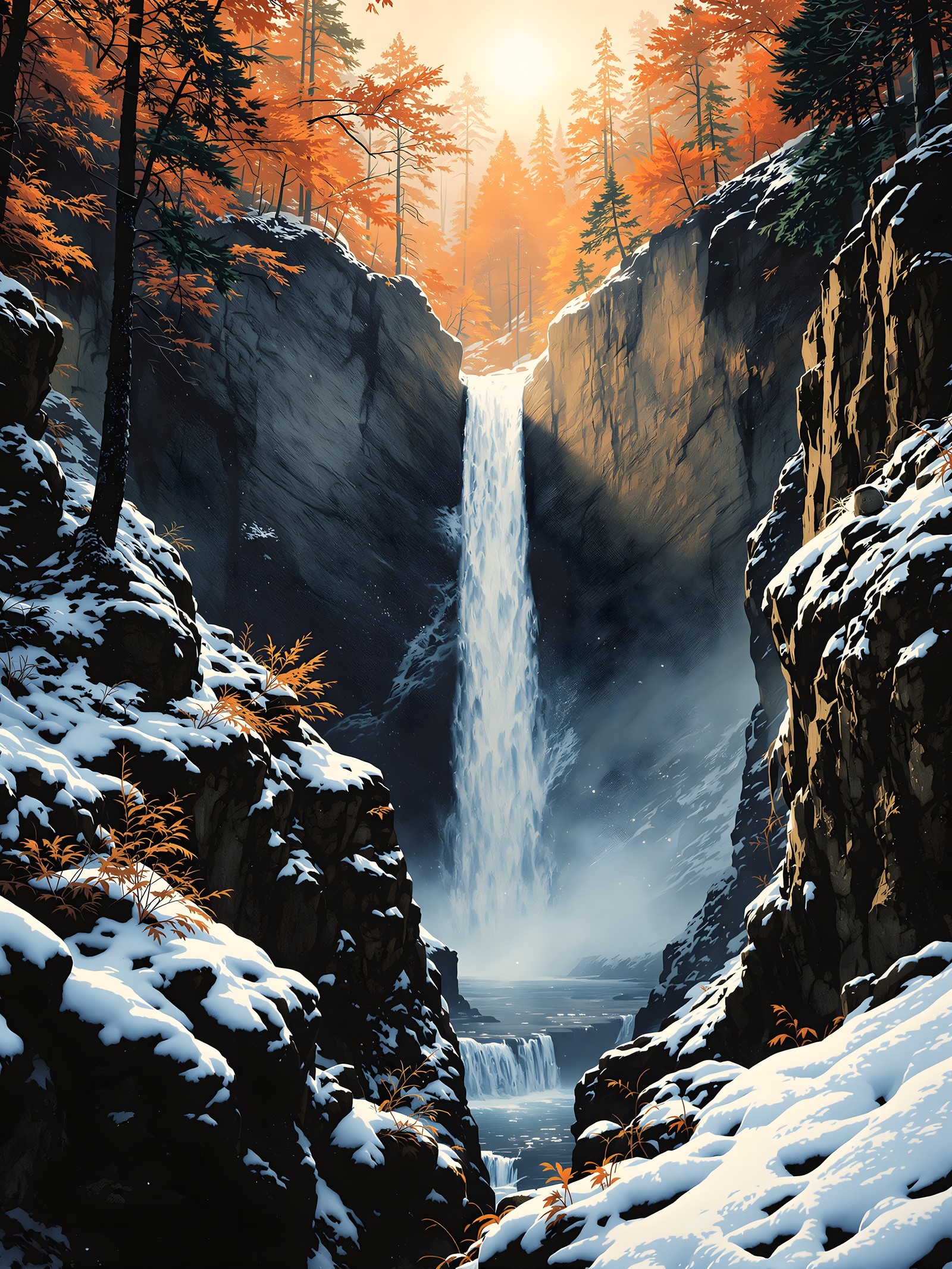 Autumn Forest Waterfall in Snowy Canyon, waterfall, autumn, winter, forest, snowy, canyon
