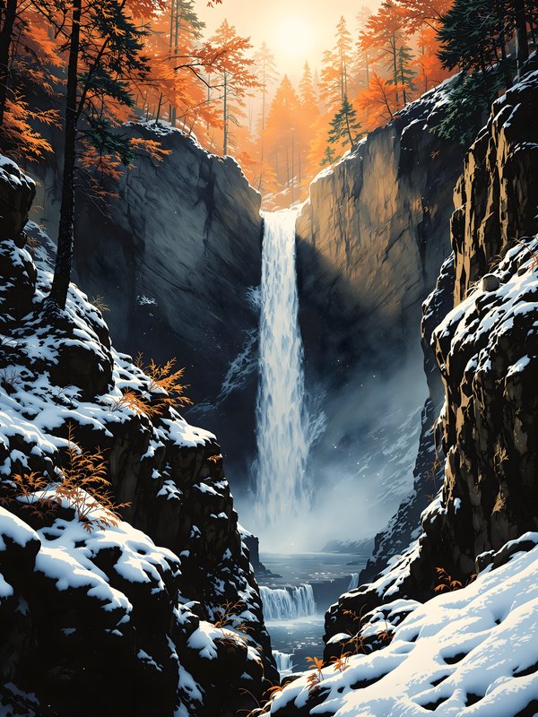 Autumn Forest Waterfall in Snowy Canyon