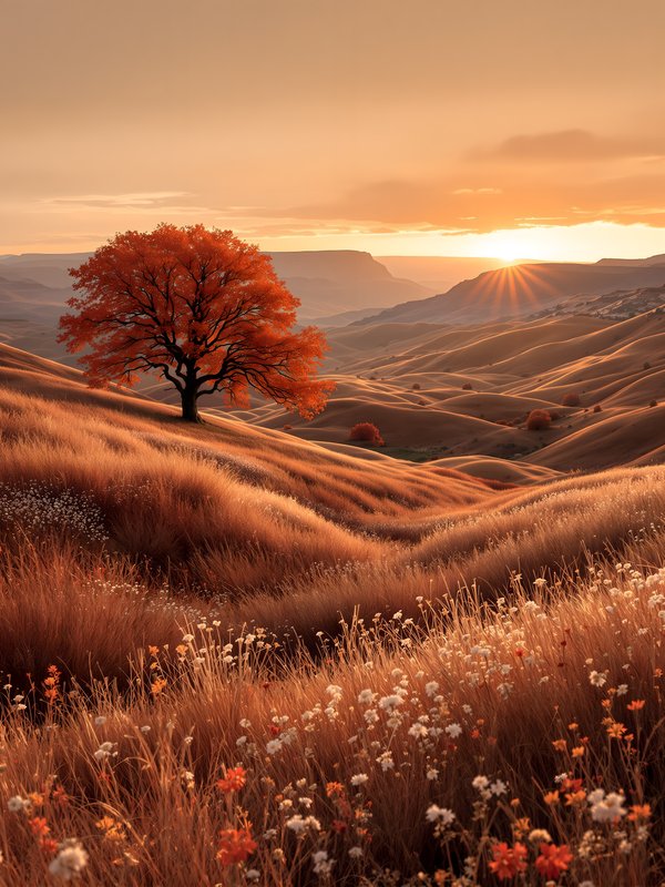 Autumn Hillside Sunset with Lone Tree