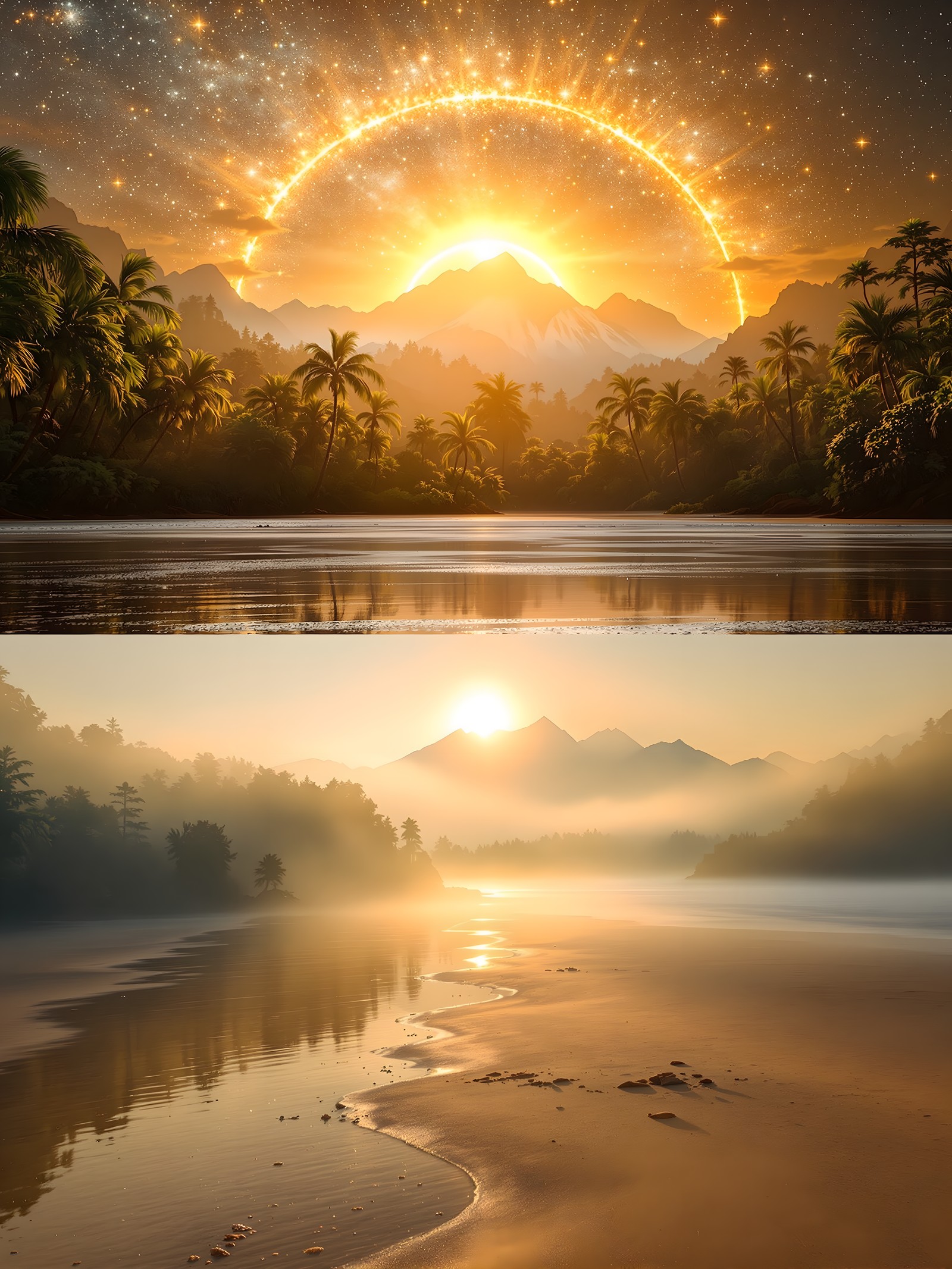 Golden Tropical Sunset and Misty Beach Wallpaper, tropical sunset, misty beach, golden hour, palm trees, nature wallpaper, dreamy landscape