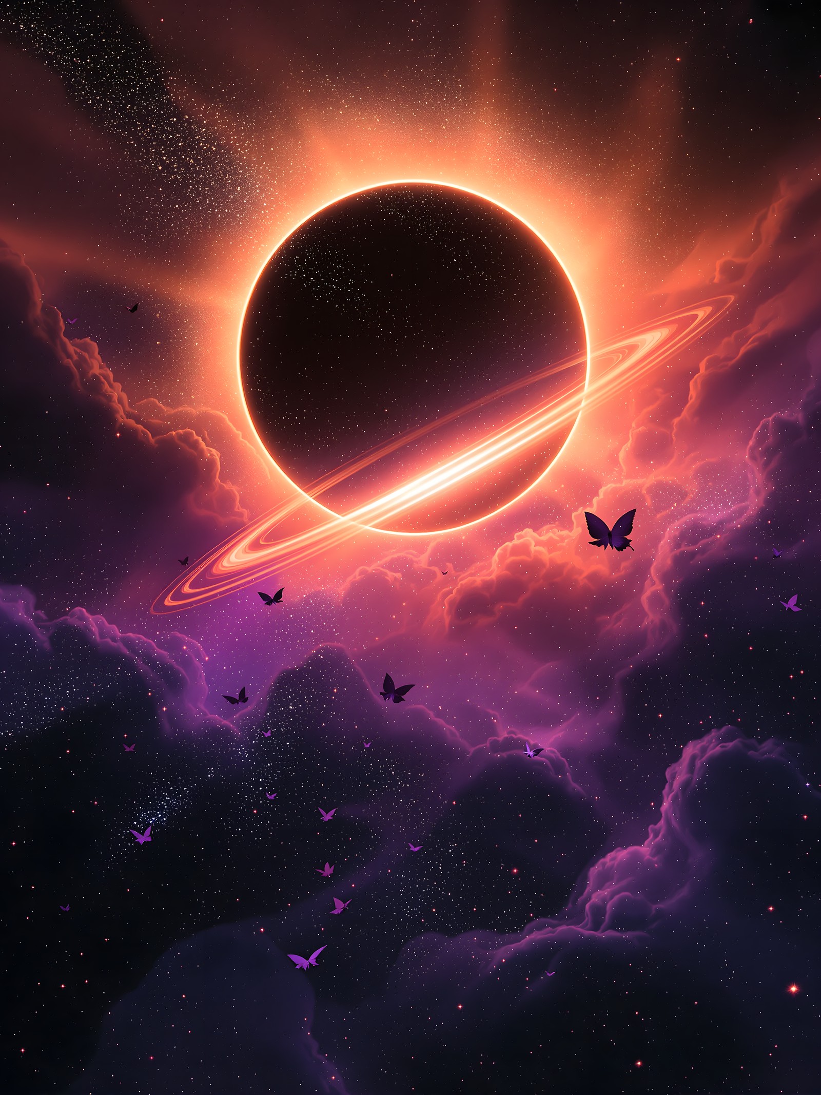 Celestial Eclipse with Glowing Rings and Butterflies, eclipse, planet, space, galaxy, nebula, butterflies