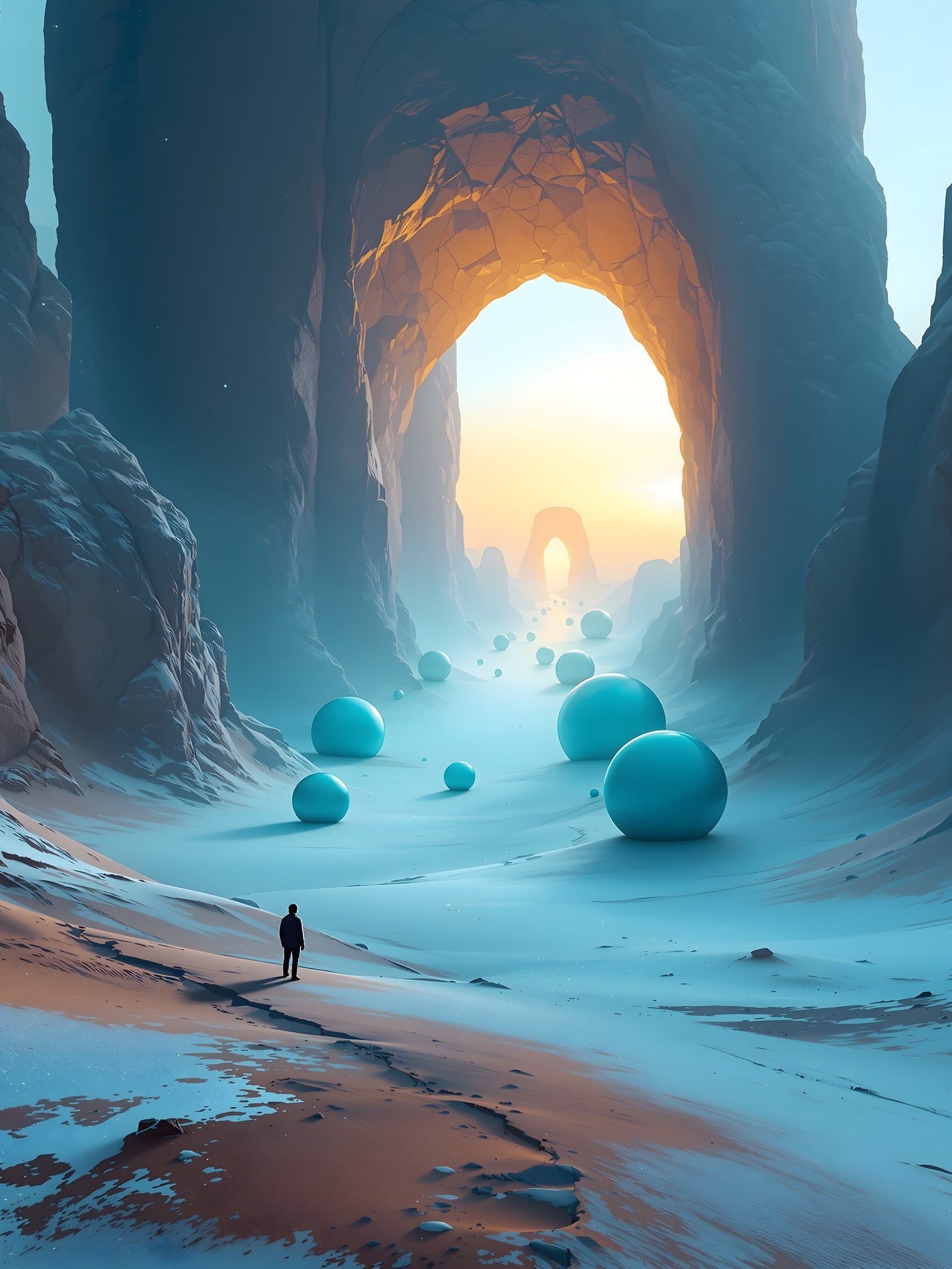 Misty Canyon Archway with Aqua Orbs, canyon, desert, archway, sunrise, misty, aqua spheres