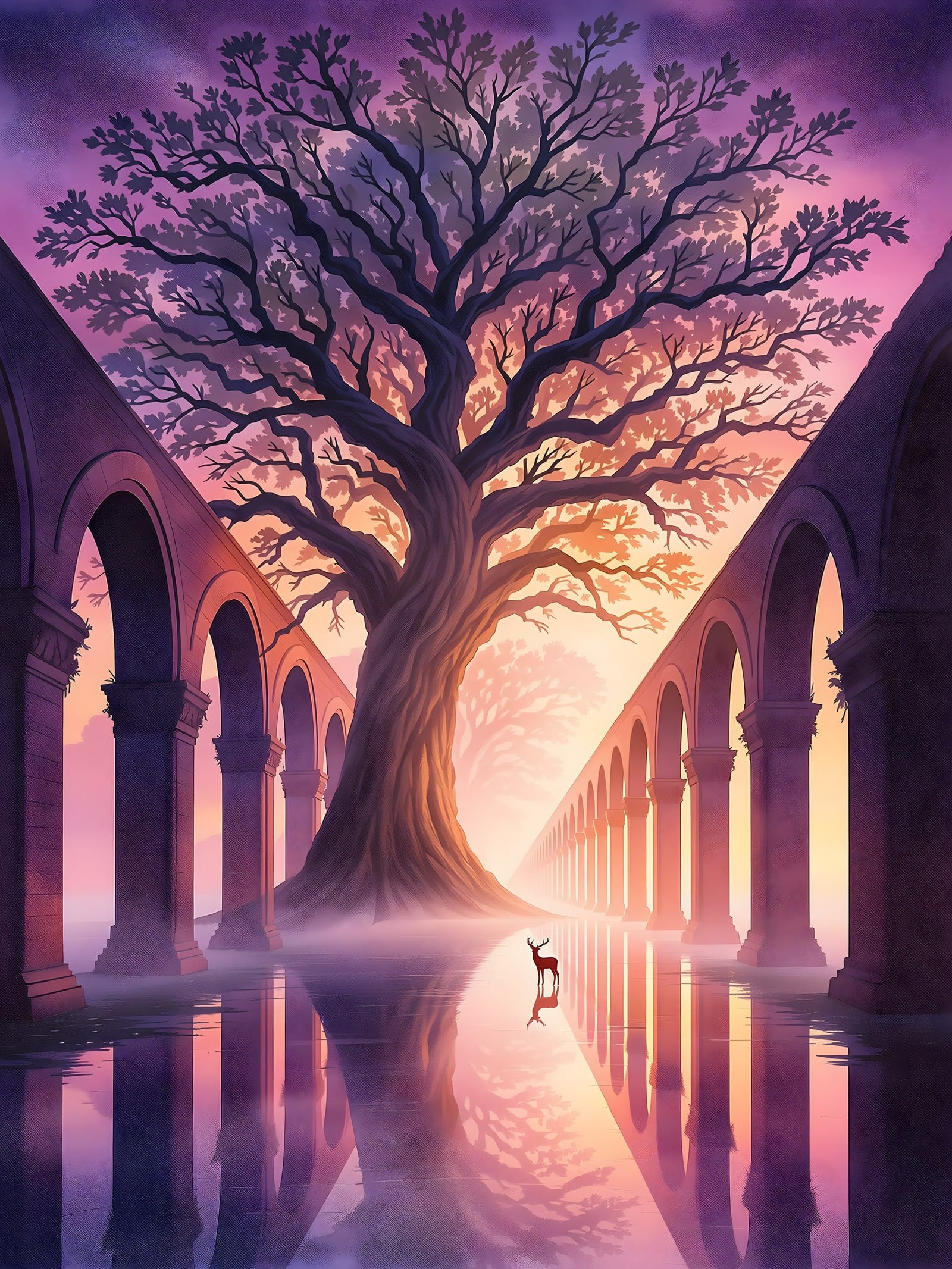 Fantasy Tree Arches Deer Twilight Wallpaper, fantasy, tree, arches, deer, twilight, purple