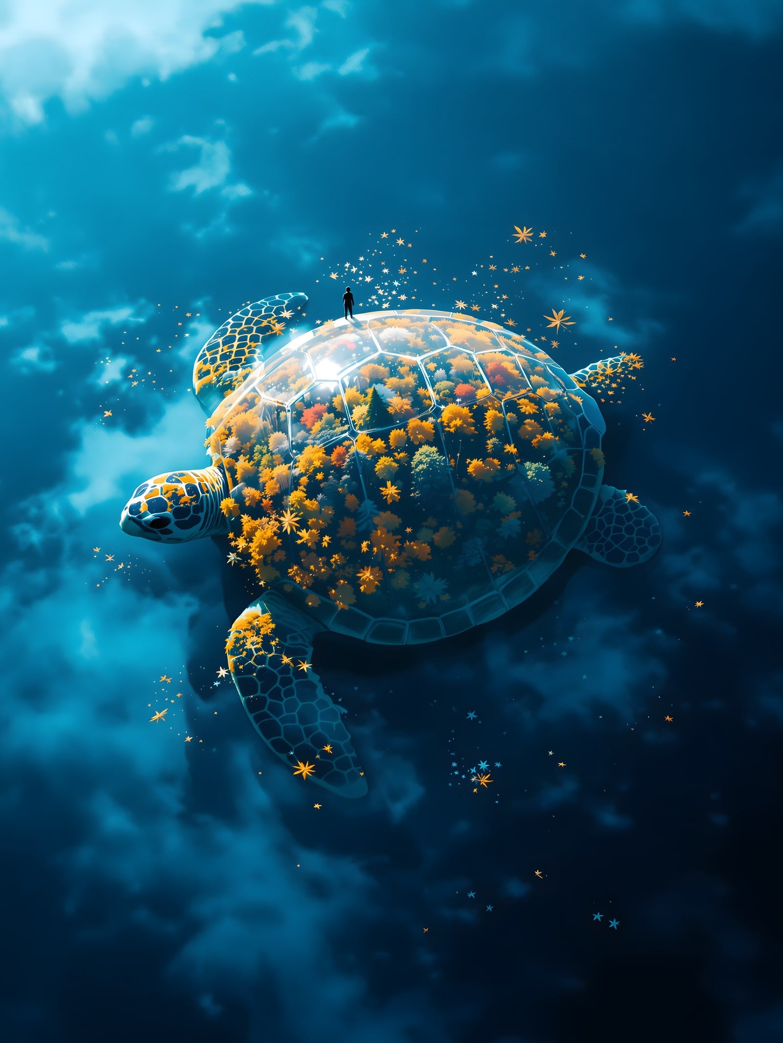 Fantasy Sky Turtle Island with Man & Stars, fantasy turtle, flying turtle, island turtle, floating island, whimsical, magical