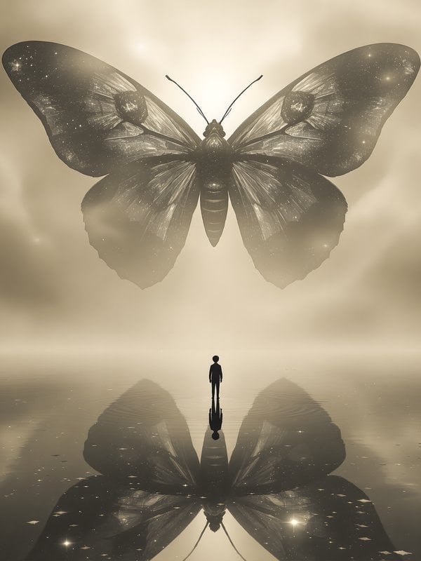 Cosmic Butterfly and Solitary Figure over Water