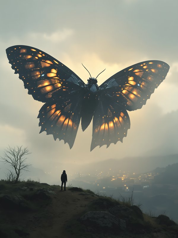 Giant Glowing Butterfly over Misty Town