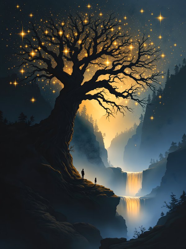 Enchanted Starry Tree Waterfall Landscape Wallpaper