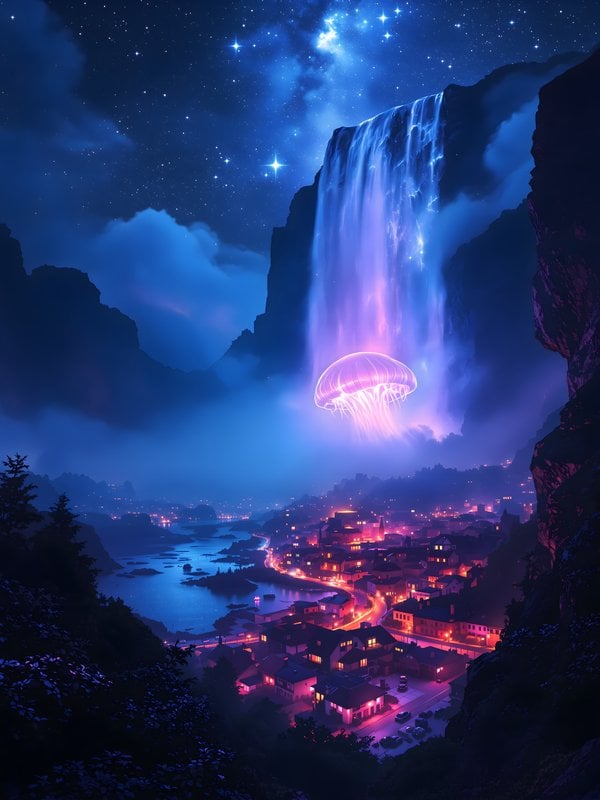 Fantasy Night City with Glowing Jellyfish Waterfall