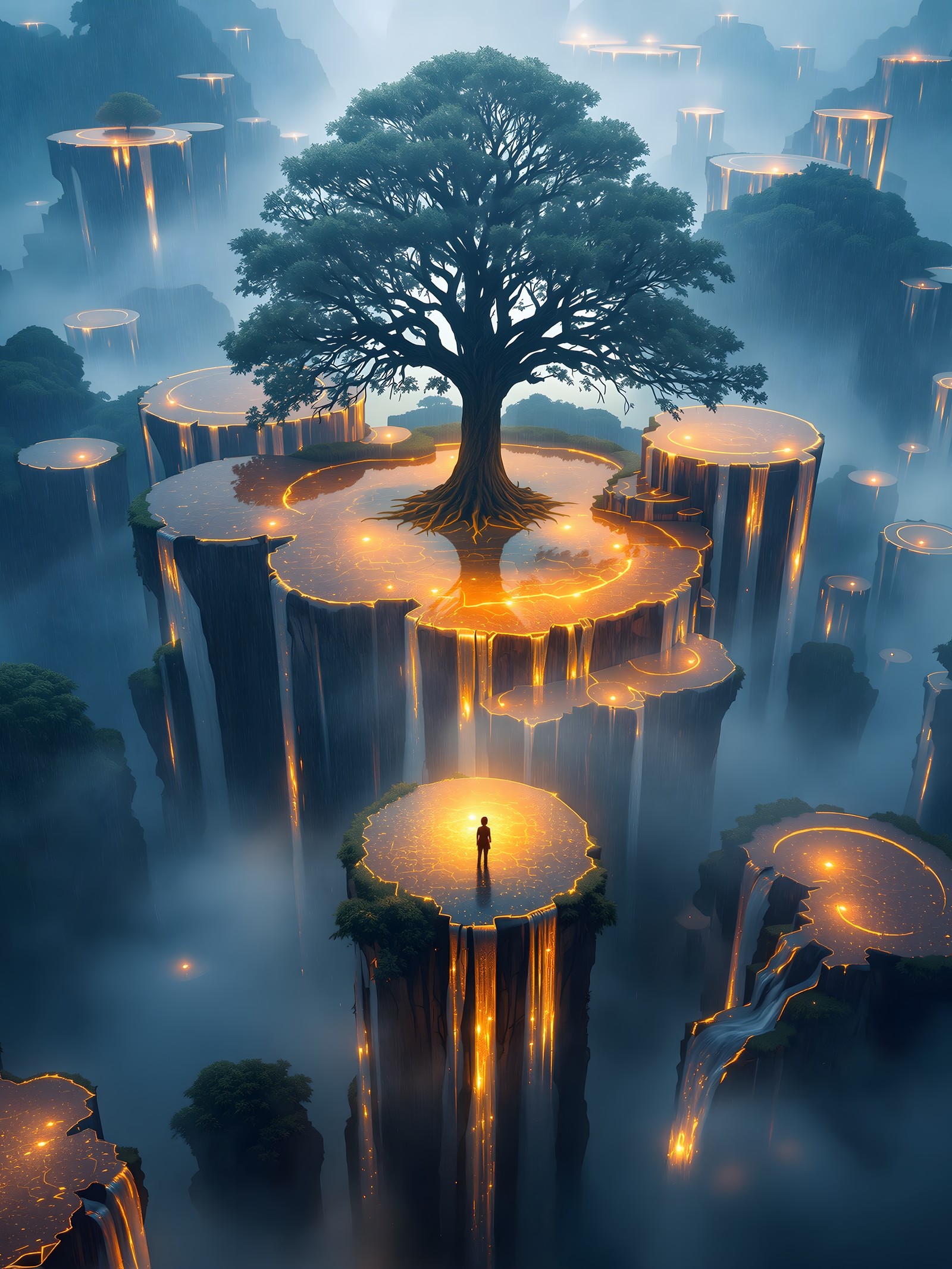 Mystical Golden Light Floating Islands & Tree, floating islands, glowing nature, mystical landscape, fantasy art, golden light, glowing tree