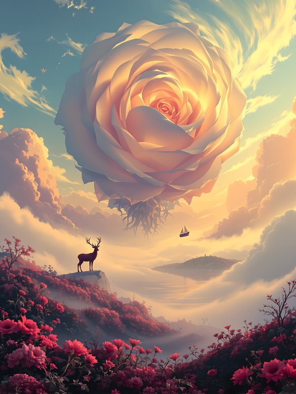 Floating Rose Sky with Deer & Crimson Flowers