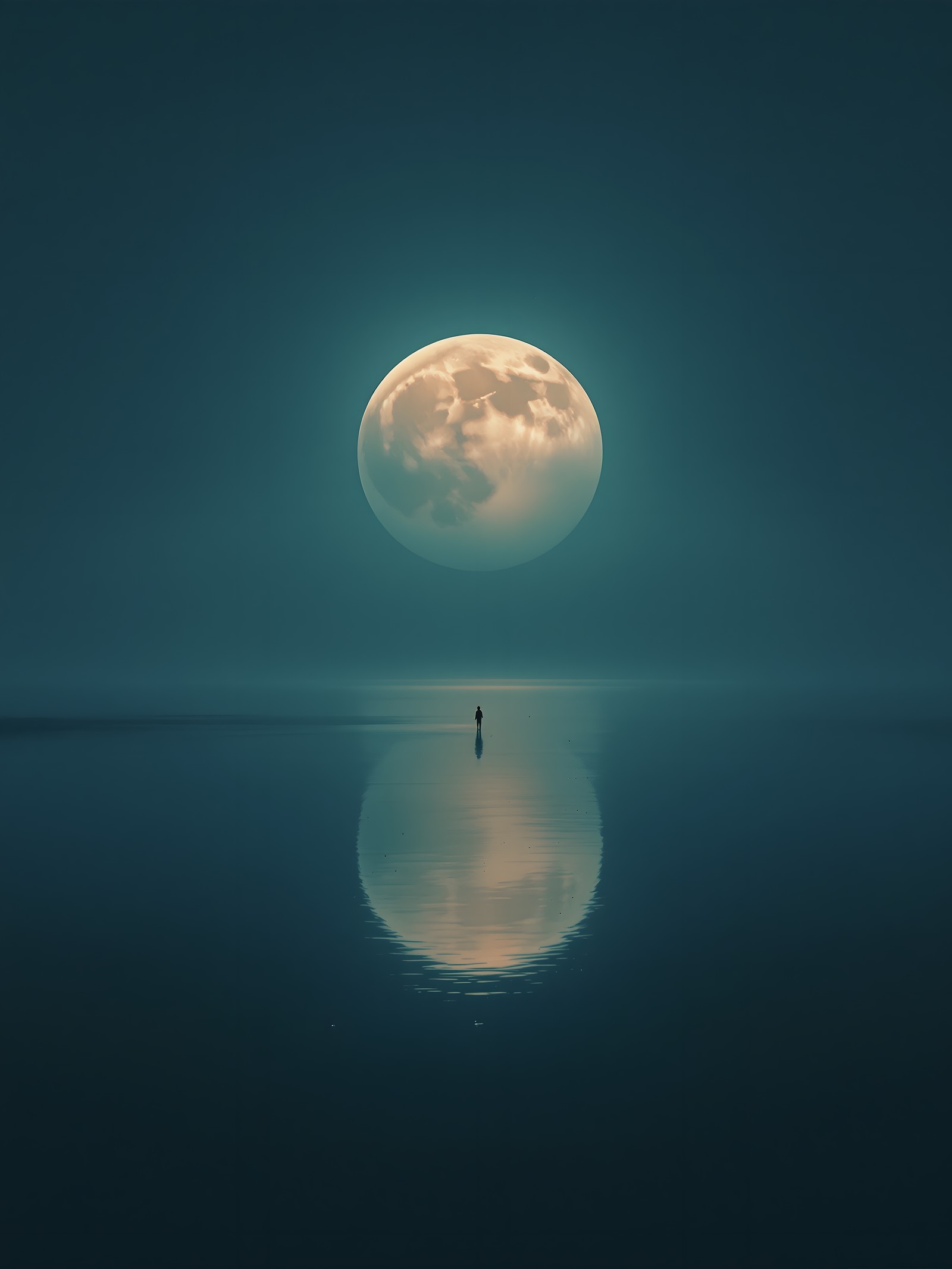 Giant Moon Over Calm Water with Lone Figure, full moon, ocean, sea, water reflection, lonely, solitude
