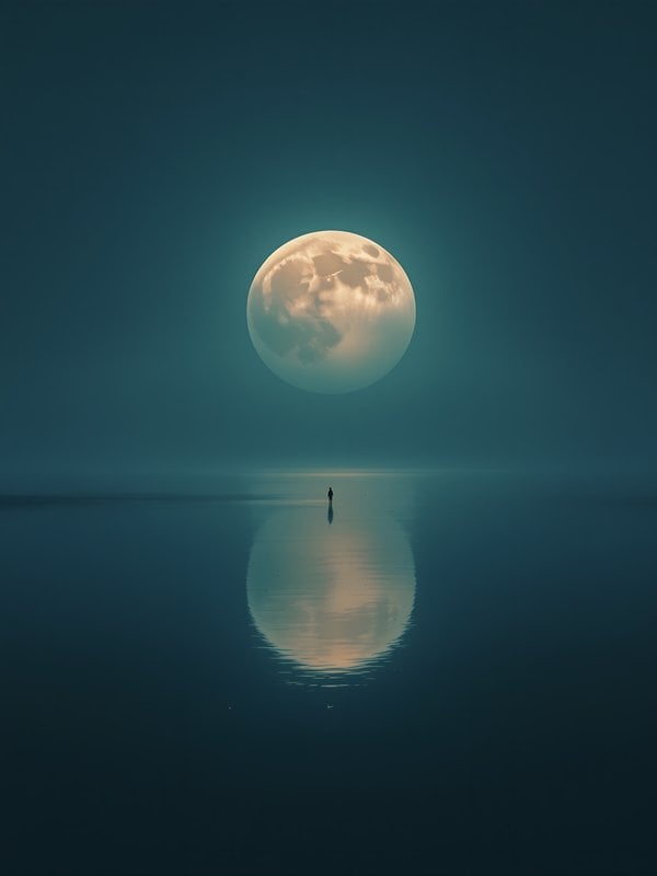 Giant Moon Over Calm Water with Lone Figure