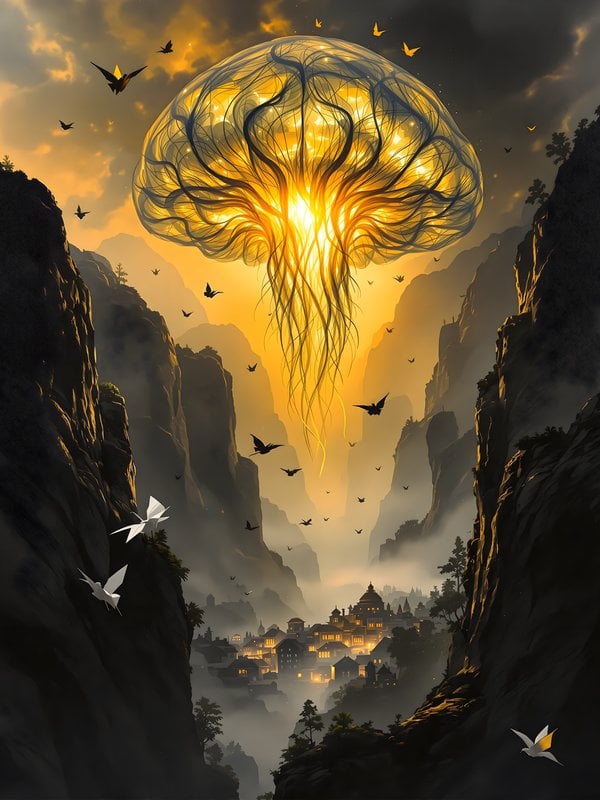 Golden Glowing Sky Jellyfish over Misty Valley Town