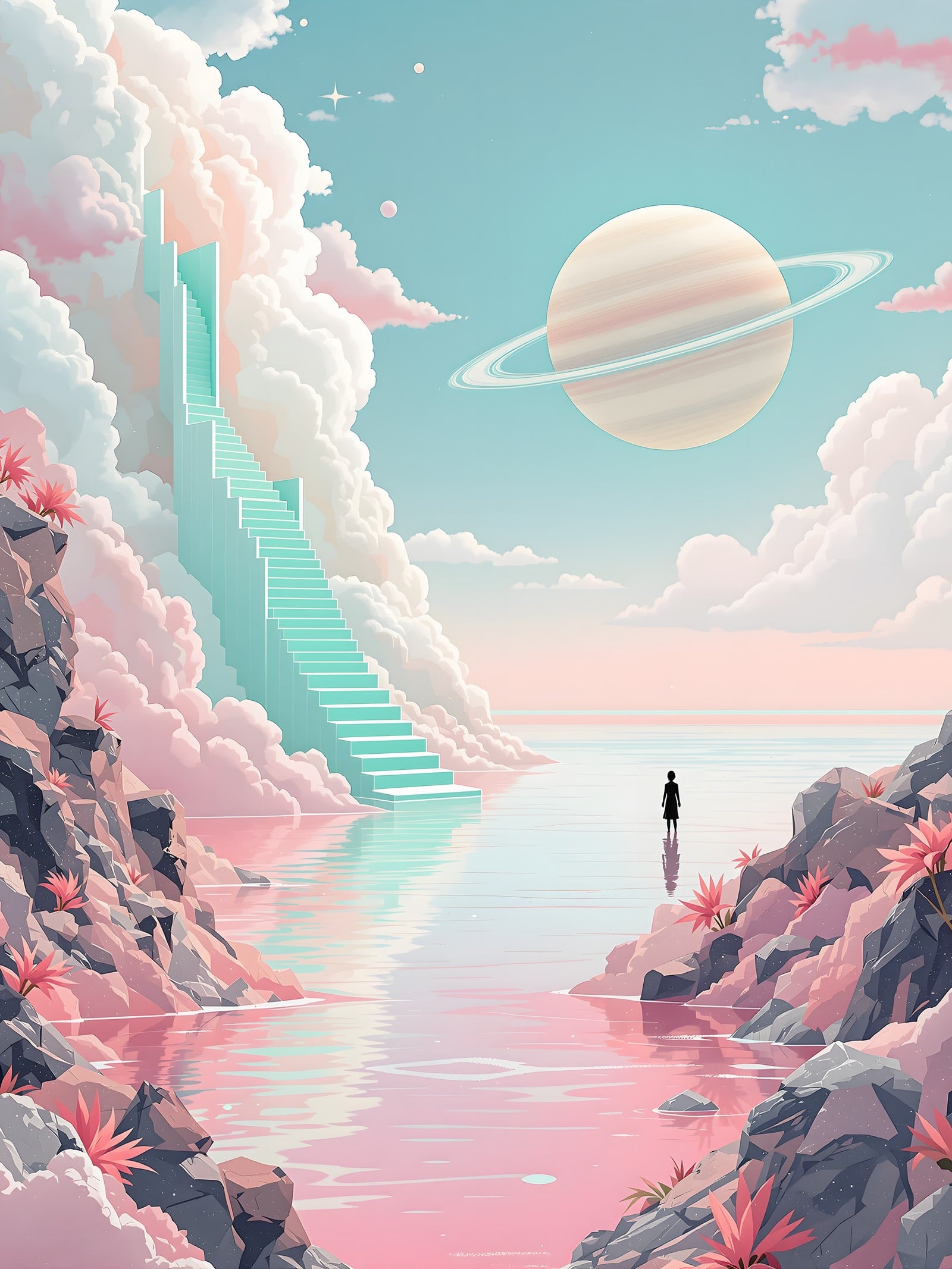 Pastel Fantasy Waterscape with Floating Stairs & Saturn, fantasy landscape, pastel aesthetic, dreamy art, floating stairs, saturn planet, pink water