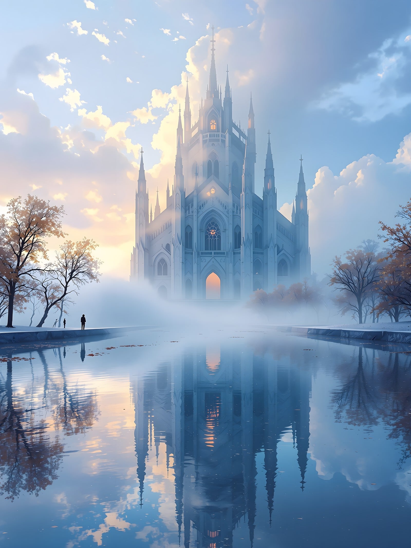 Misty Fantasy Cathedral Reflection at Sunset, fantasy cathedral, gothic architecture, misty landscape, water reflection, sunset sky, ethereal