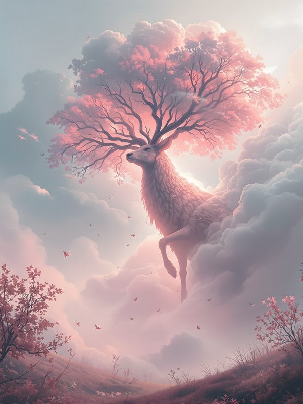 Dreamy Sky Deer with Cherry Blossom Antlers