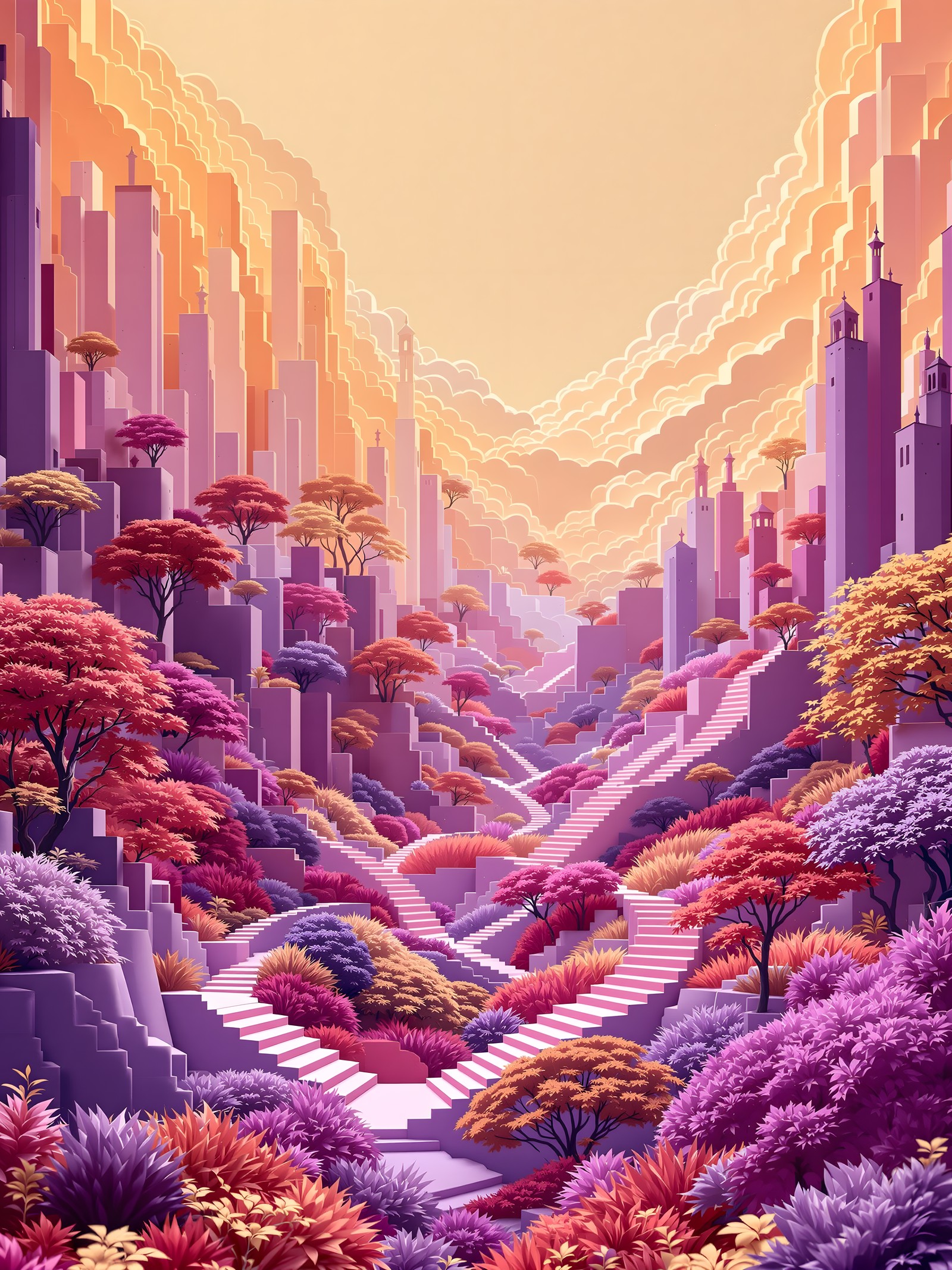 Fantasy City Stairs with Vibrant Shrubs & Sunset, fantasy city, stairs, vibrant landscape, purple, pink, orange