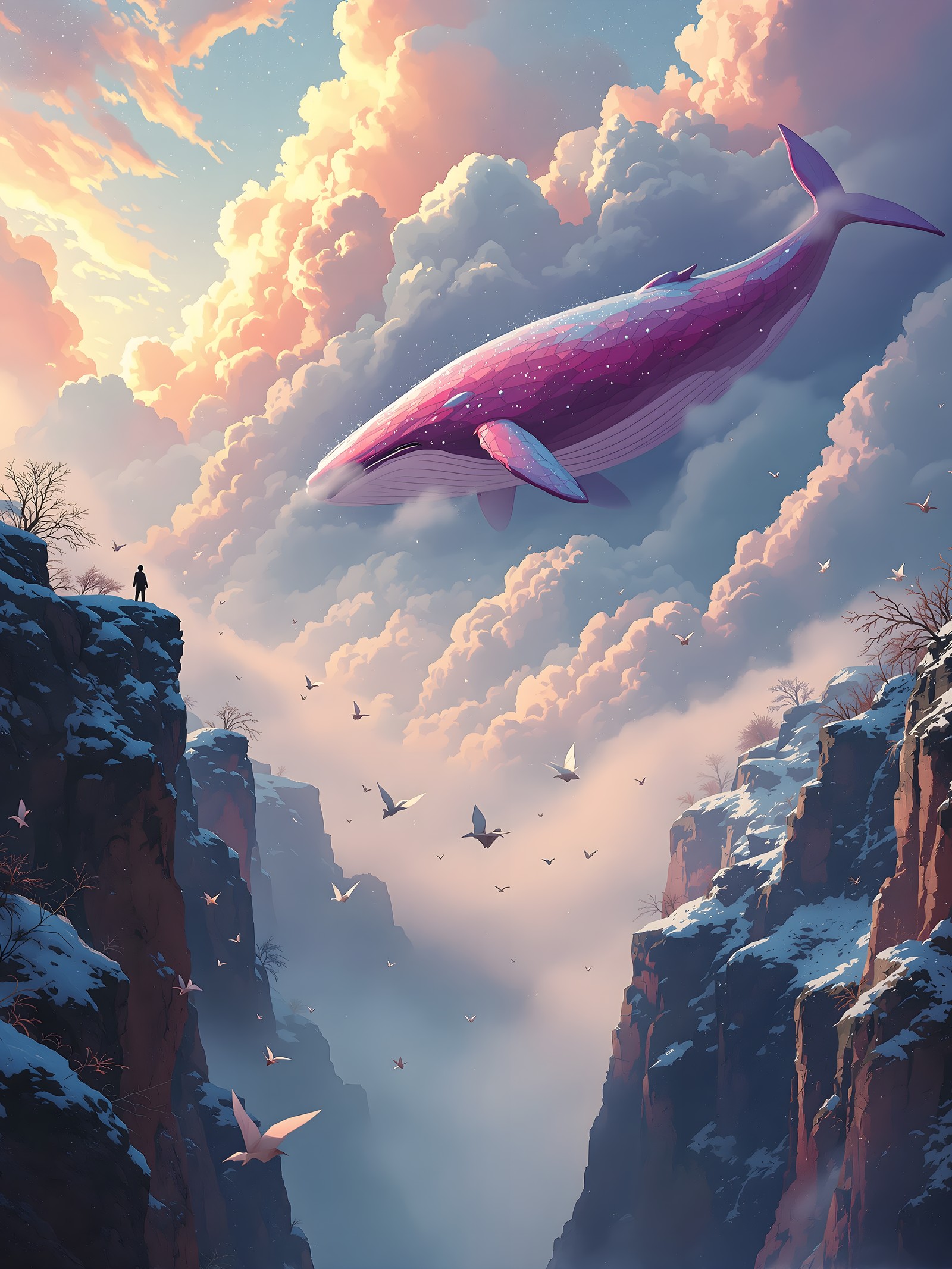 Flying Whale over Canyon at Sunset Aesthetic, flying whale, fantasy landscape, sunset, sunrise, dreamy, clouds