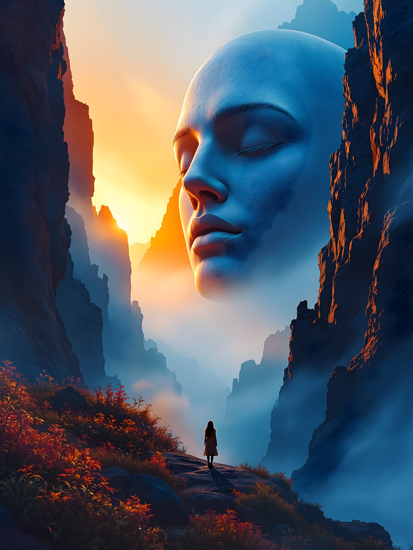 Giant Face Sunset Mountains Fantasy Wallpaper, fantasy, surreal, giant face, sunset, mountains, canyon