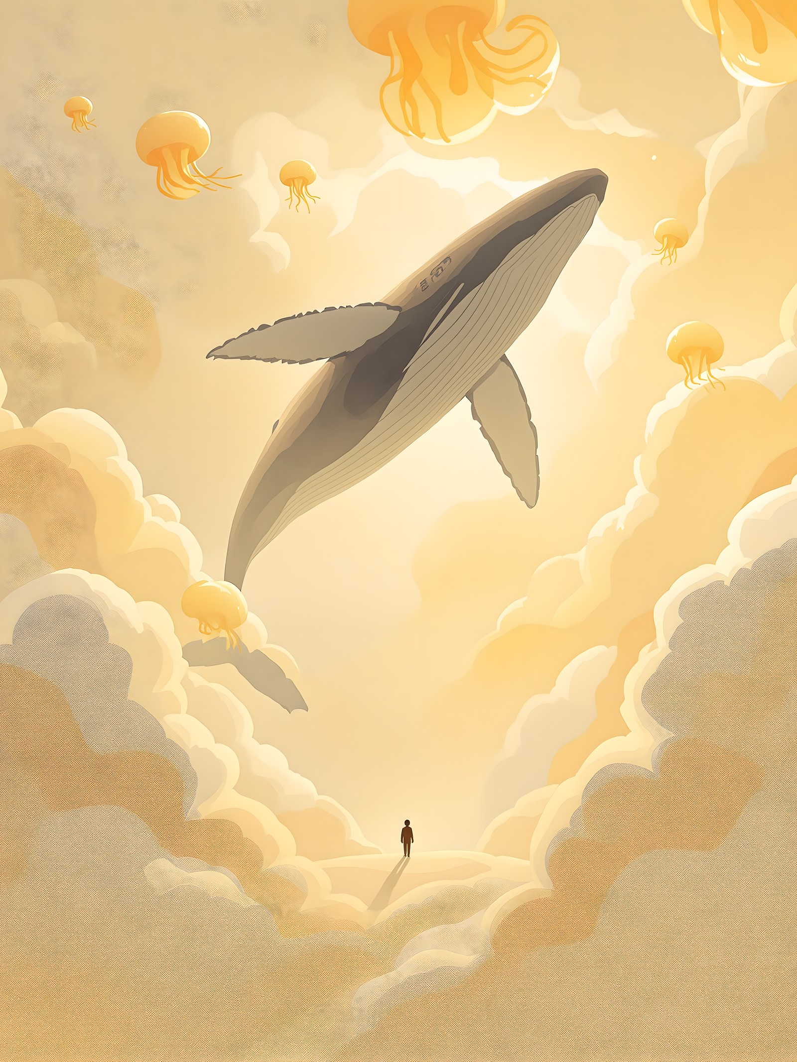 Dreamy Whale and Jellyfish in Golden Clouds, whale, jellyfish, clouds, dreamy, fantasy, golden