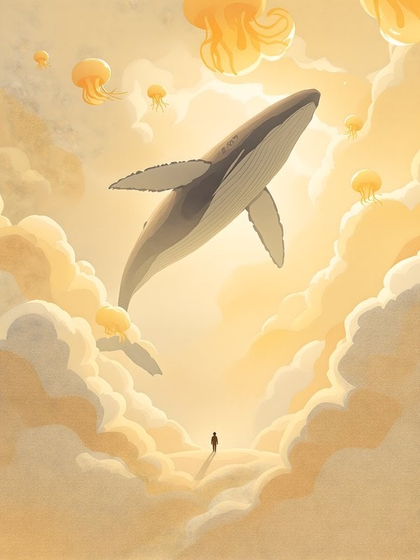 Dreamy Whale and Jellyfish in Golden Clouds