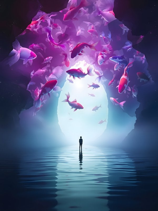 Fantasy Cave with Floating Koi Fish and Man
