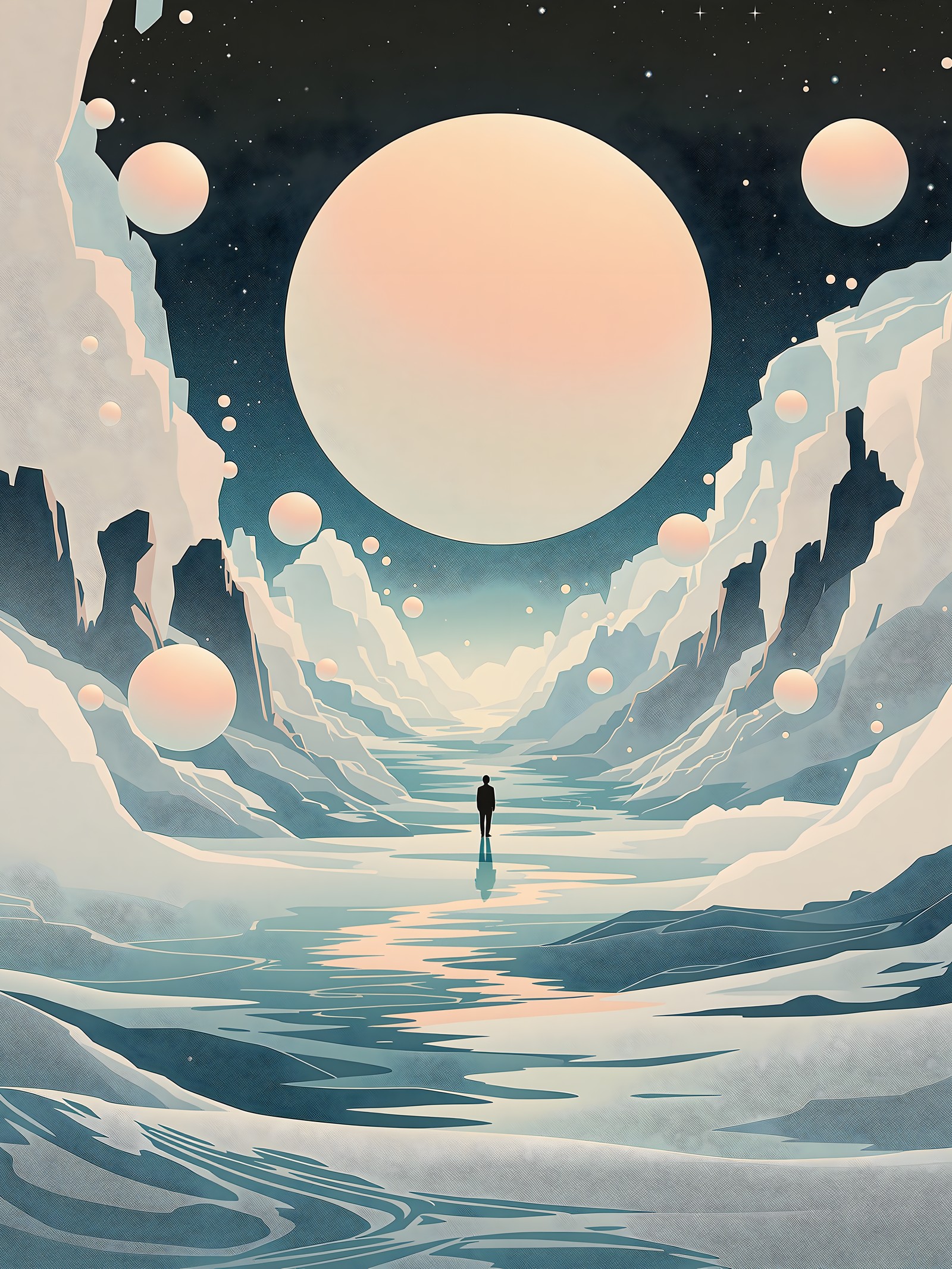 Minimal Sci-Fi Landscape with Lone Figure & Moon, sci-fi landscape, minimalist, moon, lone figure, alien planet, pastel space