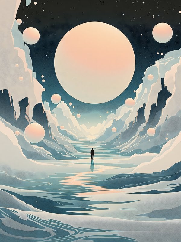 Minimal Sci-Fi Landscape with Lone Figure & Moon