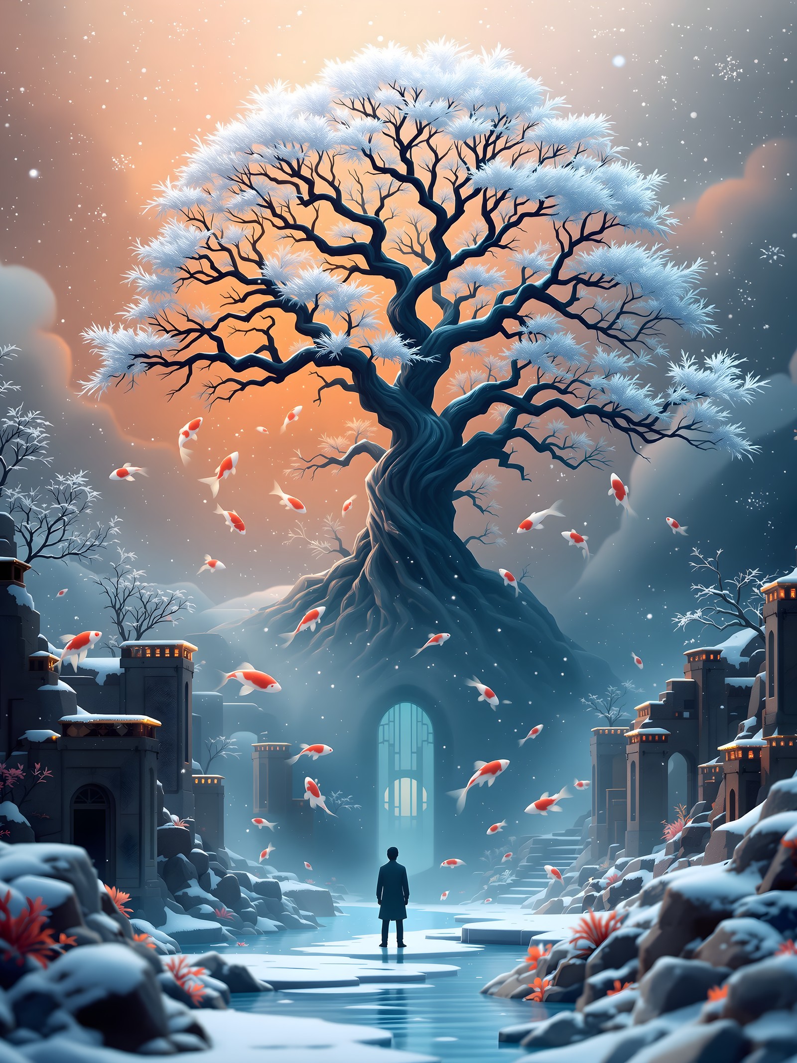 Winter Fantasy Tree & Koi Pond Sunset, winter fantasy, snowy tree, koi fish, sunset sky, ethereal, magical landscape
