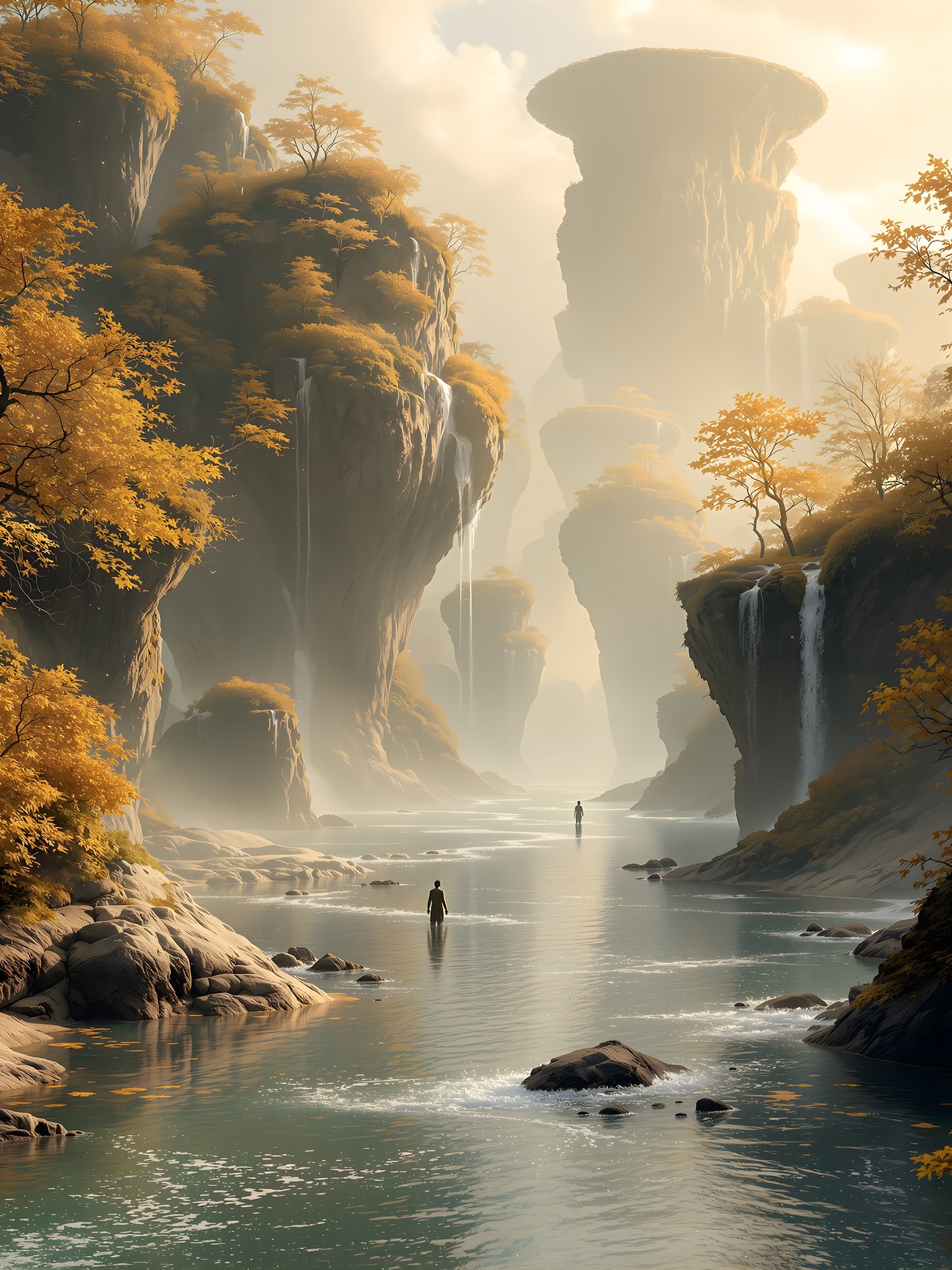 Misty Fantasy River Valley with Golden Trees, fantasy landscape, mystical river, golden trees, waterfall, misty valley, ethereal