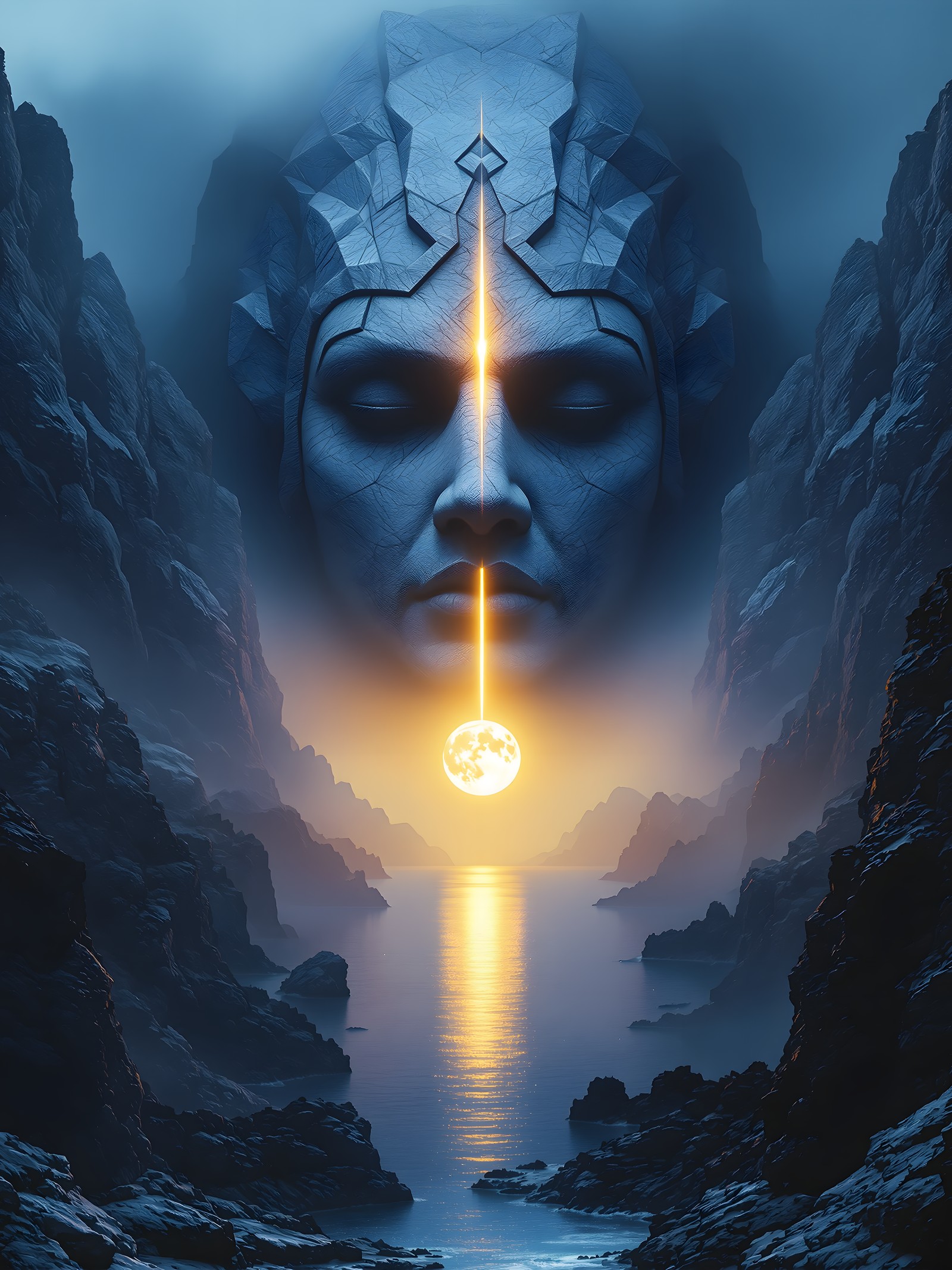 Cosmic Divinity Moon Lake Canyon Wallpaper, fantasy, divine, goddess, celestial, moon, glowing orb