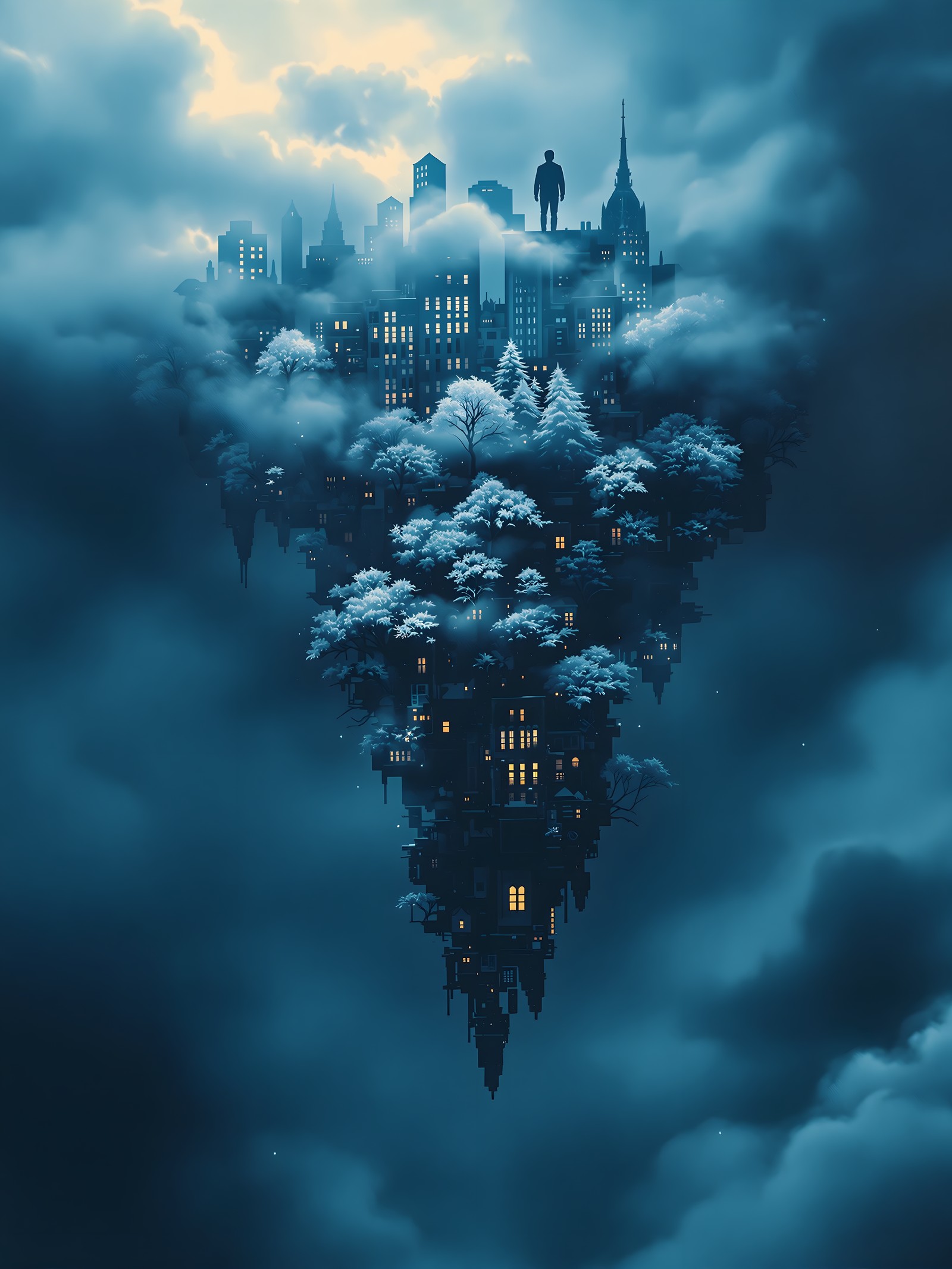 Floating City Island in Misty Blue Clouds, floating city, fantasy art, surreal, misty clouds, blue aesthetic, glowing windows