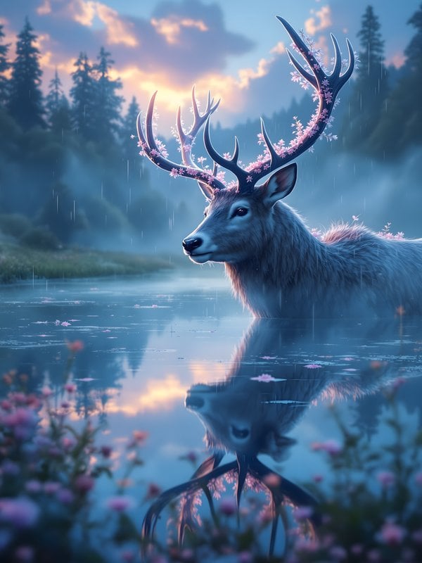 Fantasy Deer with Sakura Antlers in Misty Lake
