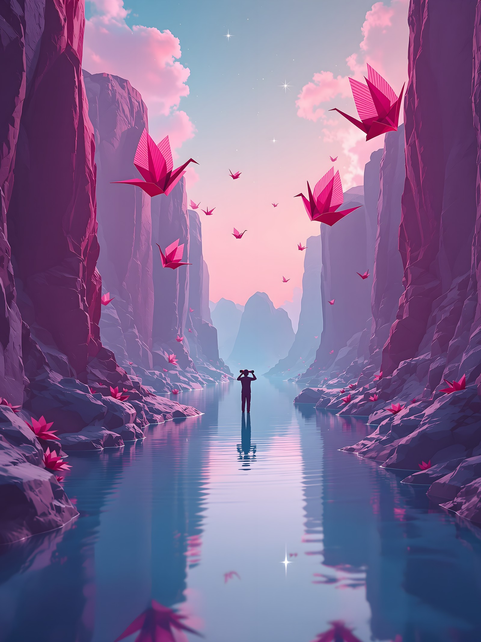 Pink Canyon River with Origami Cranes Fantasy, pink canyon, origami cranes, fantasy landscape, river valley, pastel sky, dreamy aesthetic