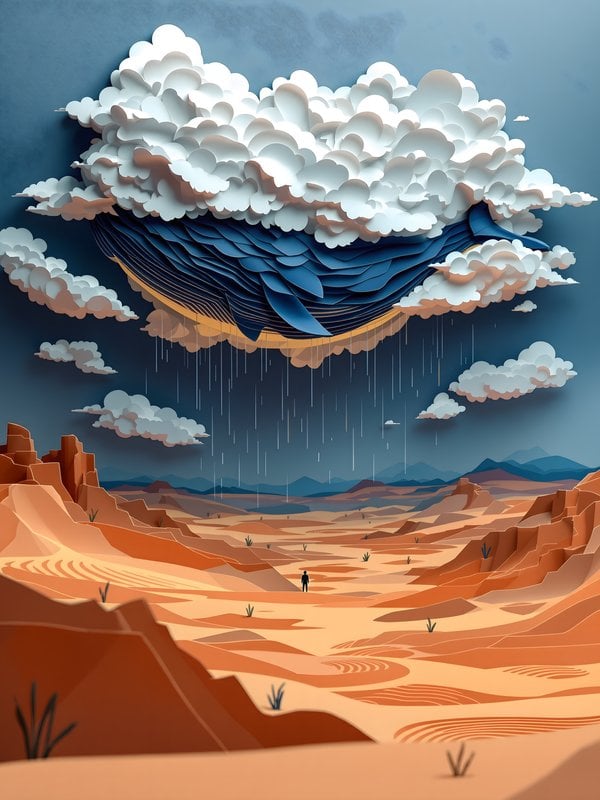 Paper Art Whale Rain Desert Landscape