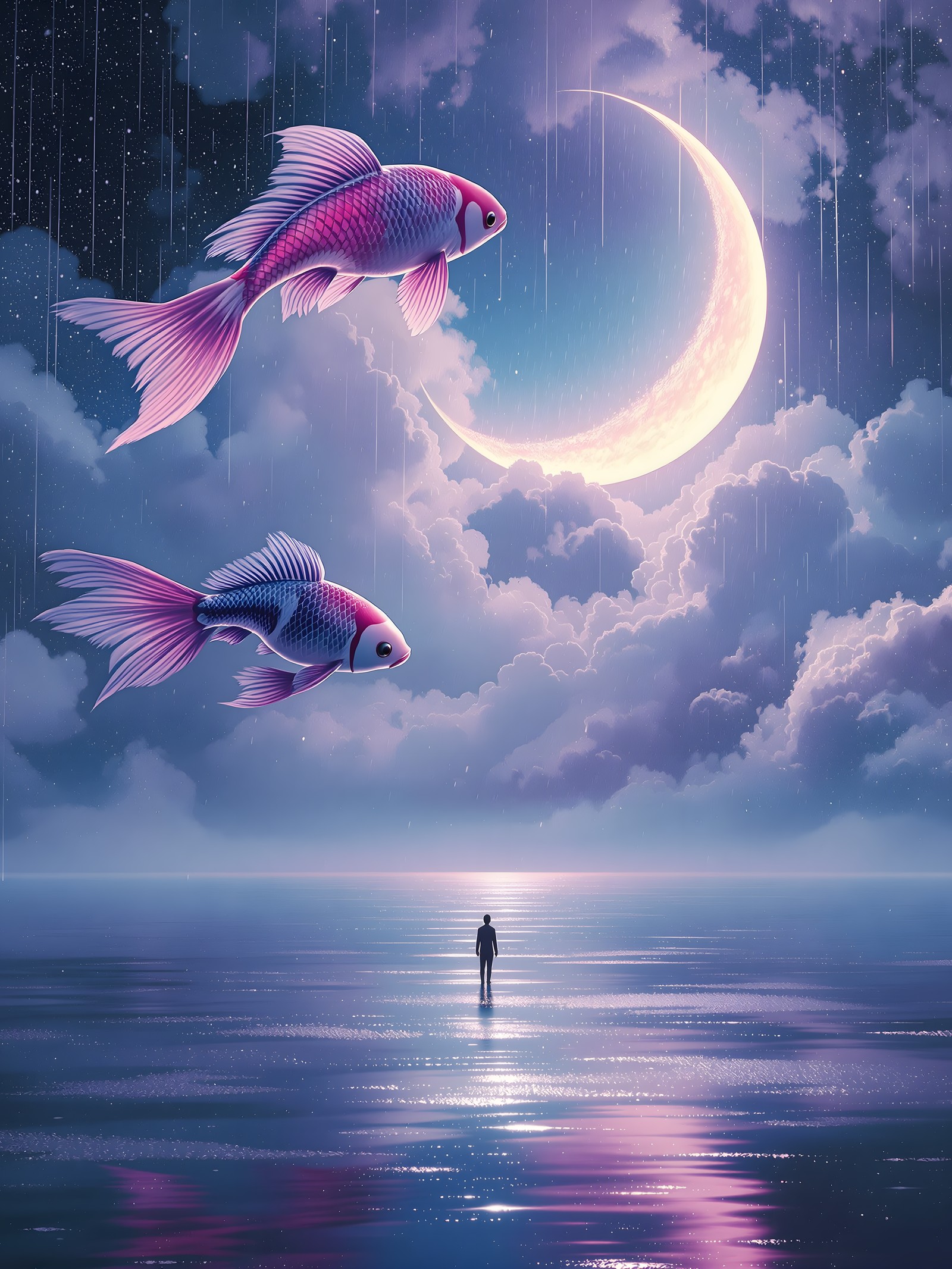 Moonlit Dream: Flying Fish and Lonely Figure, flying fish, crescent moon, dreamy, surreal, fantasy, night sky