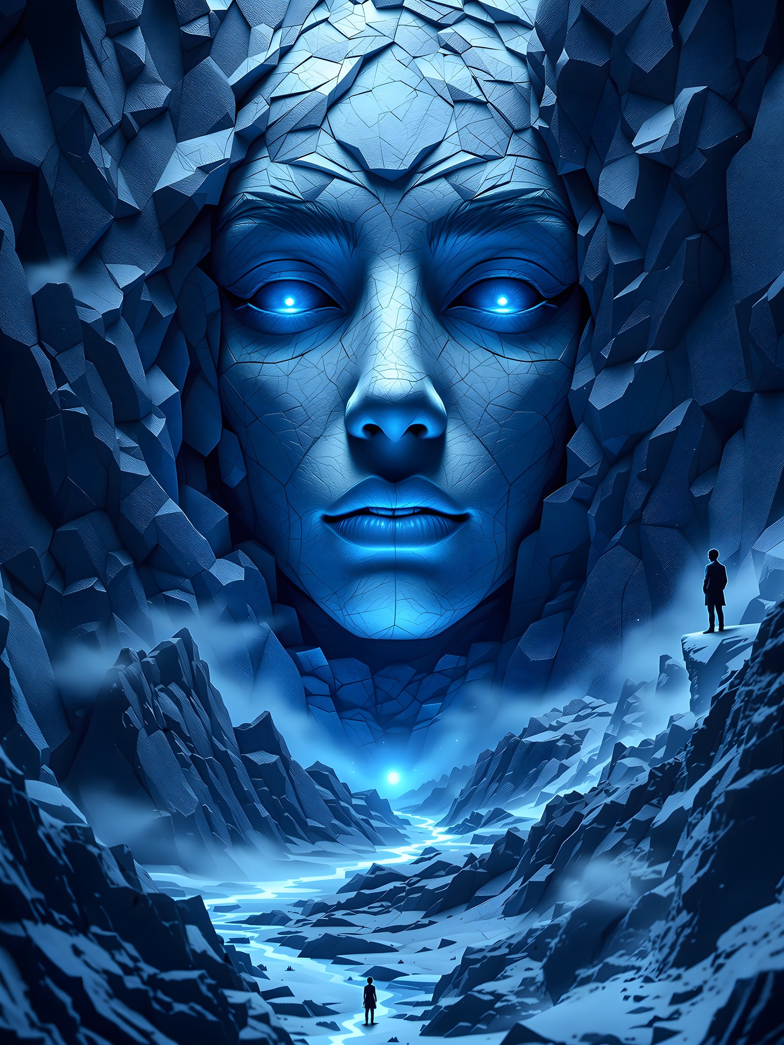 Cosmic Ice Goddess Valley with Glowing Eyes, ice goddess, glowing eyes, blue fantasy, mystical valley, crystal mountains, sci-fi fantasy