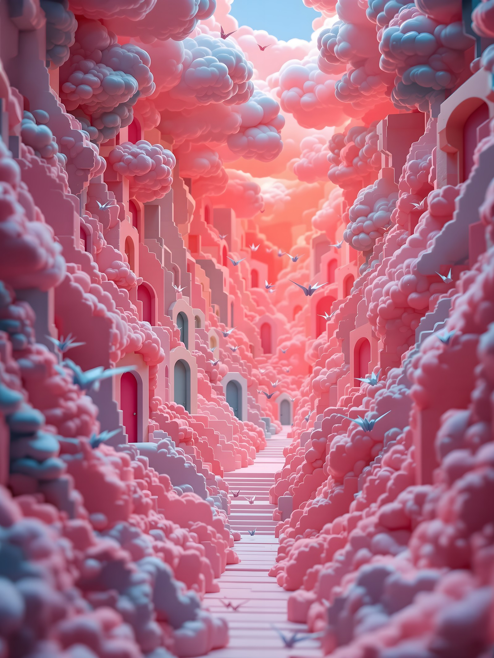 Dreamy Pink Cloud City Alley with Origami Birds, pink clouds, dreamy landscape, surreal art, fantasy city, origami birds, aesthetic wallpaper