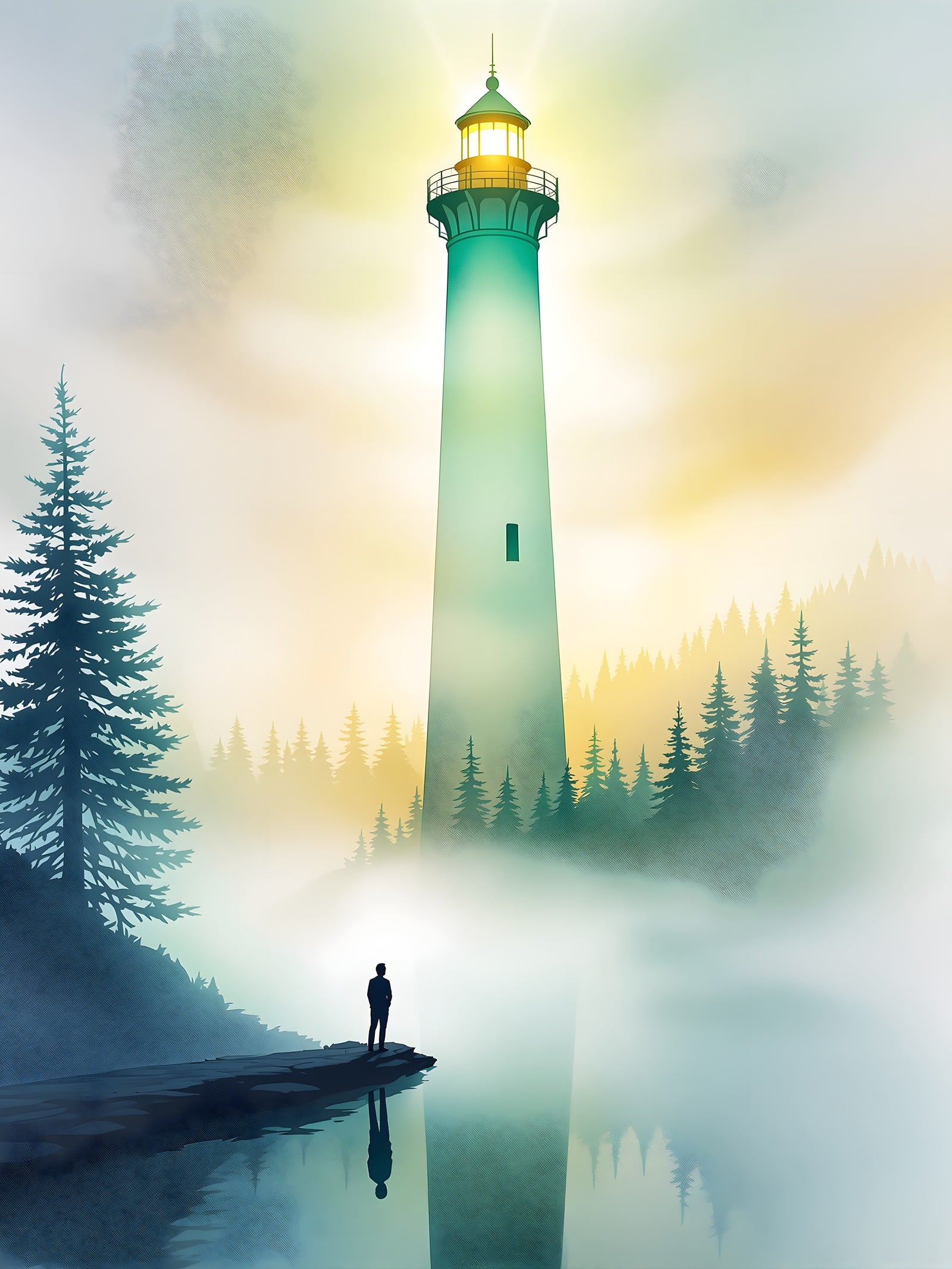 Misty Lighthouse & Man in Forest Lake Sunset, lighthouse, misty forest, foggy lake, sunset, dreamy, teal yellow