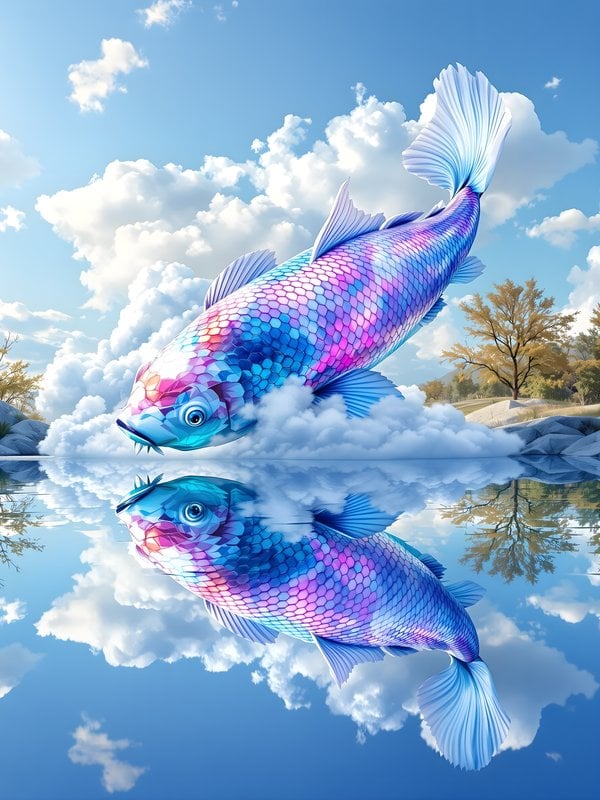 Fantasy Koi Fish Flying in Sky with Reflection
