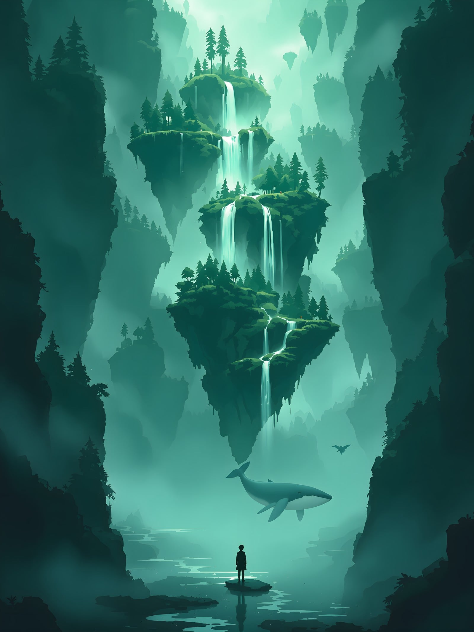 Floating Islands, Waterfalls & Whale Fantasy Art, floating islands, waterfalls, fantasy art, whale, misty landscape, emerald green