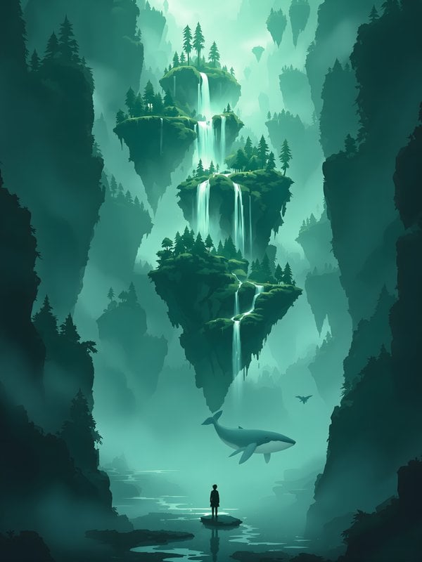 Floating Islands, Waterfalls & Whale Fantasy Art