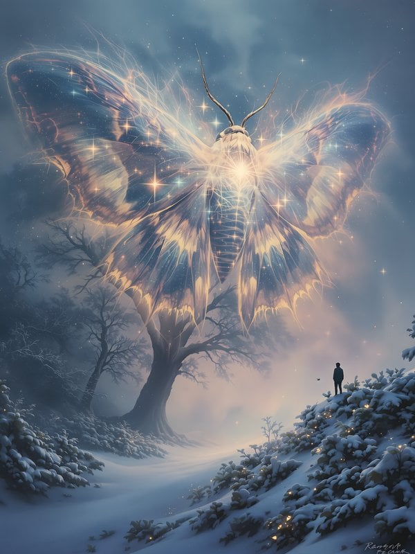 Cosmic Moth Spirit in Snowy Winter Forest