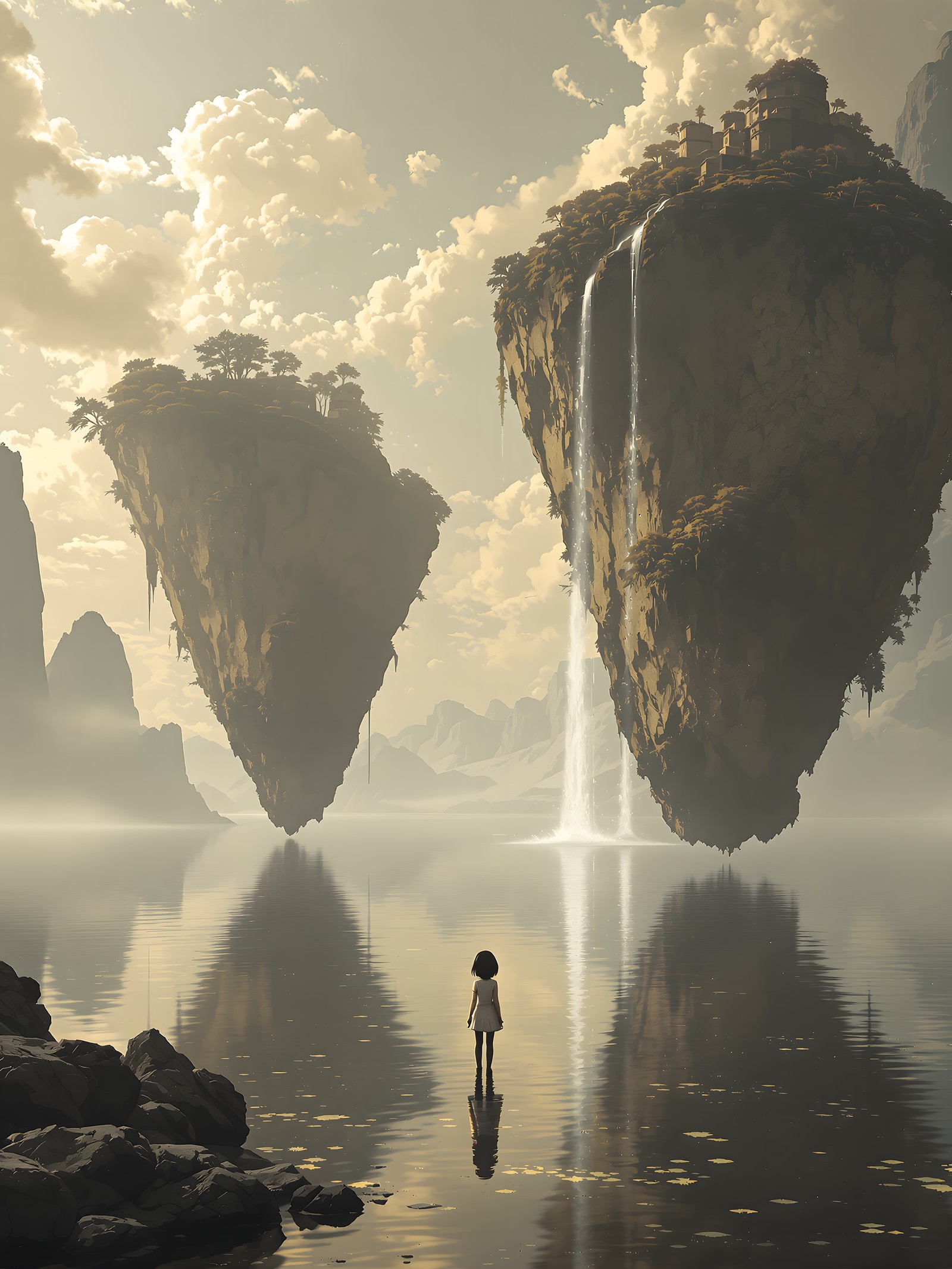 Floating Islands Lake with Lone Figure, floating islands, fantasy landscape, waterfall, lake, nature, ethereal