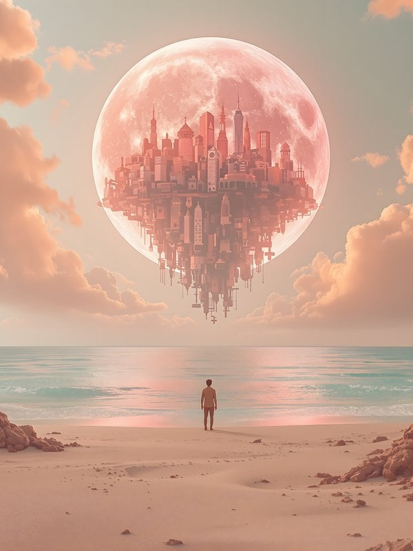 Floating City Moon on Pastel Beach